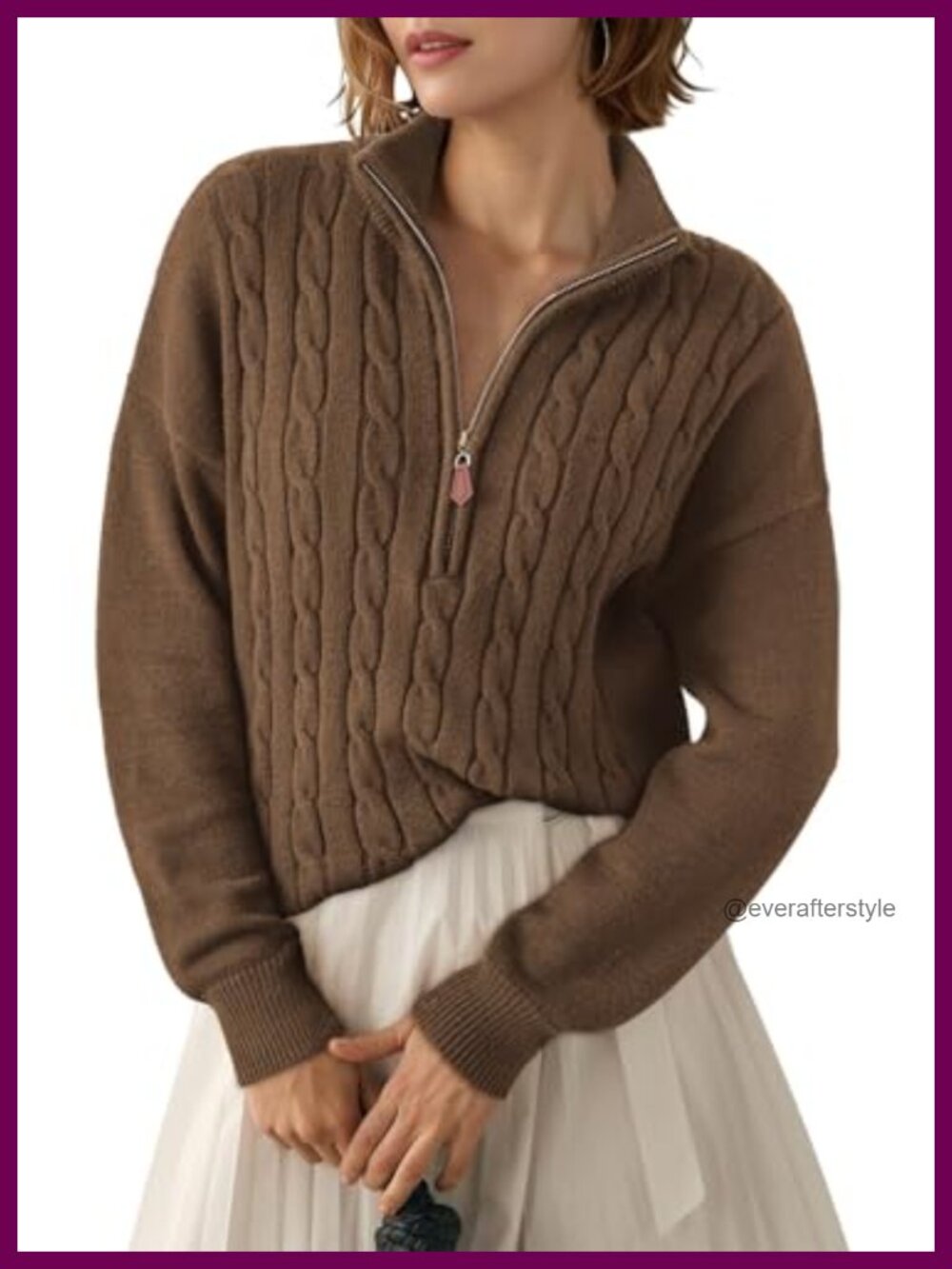 Dokotoo Women's Ribbed Cable Knit Quarter Zip V-Neck Sweater Pullover